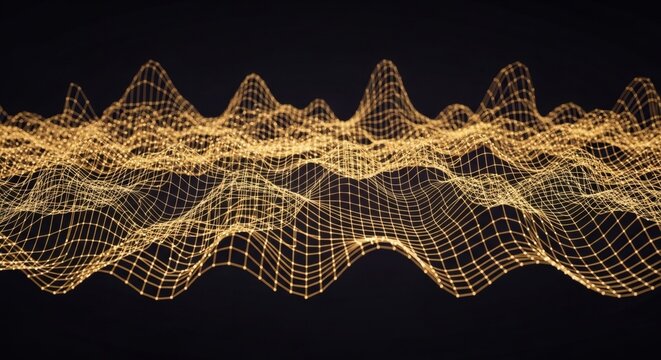 Abstract golden wireframe landscape on dark background with glowing connections
