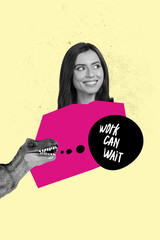 Image banner vertical art collage of puzzled businesswoman stand bubble work tension boss dinosaur...