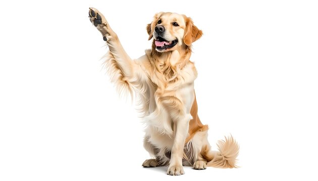Golden Retriever sitting, paw raised