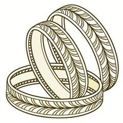 Three golden wedding rings with intricate patterns