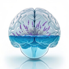 Human brain with lavender growing from water and submerged in liquid