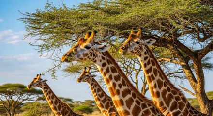 Majestic Giraffes Walking in African Savanna with Acacia Trees on a Bright Sunny Day