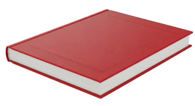 A closed, hardcover book with a vibrant red cover rests diagonally against a dark background.