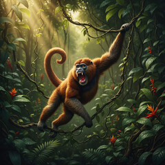 Agile monkey swinging on vines in dense tropical rainforest