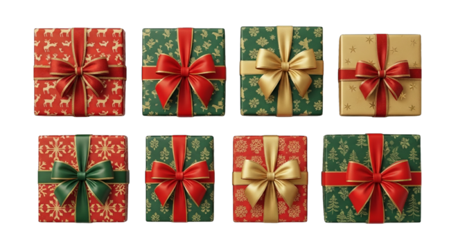 A festive display featuring eight creatively wrapped presents with ribbons for the holiday season.