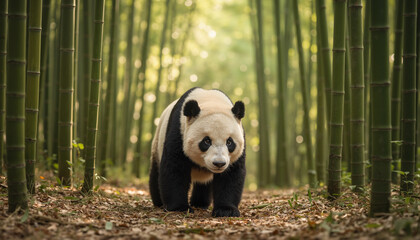Giant panda walking through bamboo forest during daytime