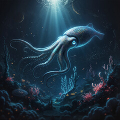 Giant squid swimming gracefully amidst colorful coral reefs