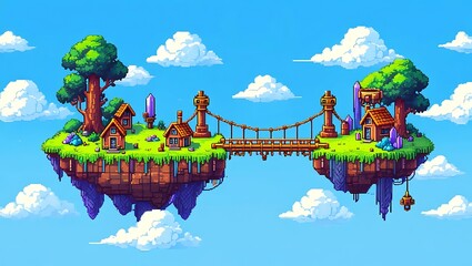 Pixel art floating islands connected by bridge fantasy landscape wallpaper