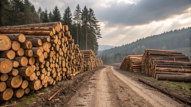 Stacked timber logs along forest dirt road
Large piles of cut timber logs stacked beside a rural dirt road in a coniferous forest under a cloudy sky at sunrise.
