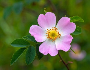 Obraz premium Close-up of a delicate, vibrant pink dog rose flower with lush green leaves, showcasing the intricate details of its petals and stamen against a blurred, natural background.