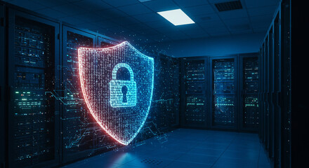 Digital shield with padlock in server room for data protection concept