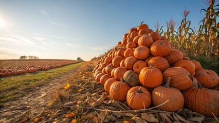 Large pumpkin harvest on autumn farm field
Pile of ripe orange pumpkins stacked beside a rural field during golden hour, symbolizing harvest season and fall farming.

