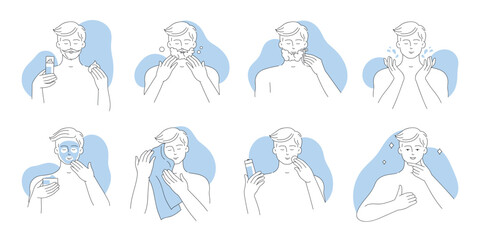 Skin care for men set vector illustration. Cartoon isolated line icons of facial skincare beauty routine, male characters shave beard with shaving gel or mousse, use aftershave lotion, spa mask