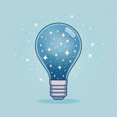 Lightbulb filled with sparkling stars and galaxy on light blue background