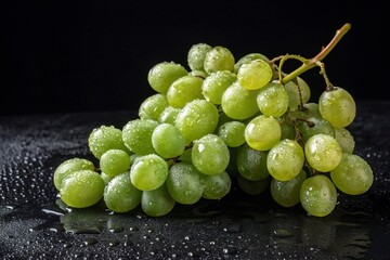Fresh Green Grapes with Water Droplets on Black
Close-up of a vibrant bunch of green grapes with water droplets on a reflective black surface, showcasing freshness and ripeness.
