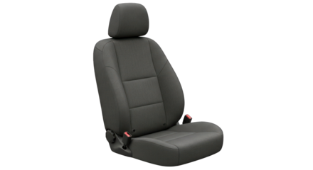 Dark Gray Fabric Car Seat with Headrest and Seatbelt.