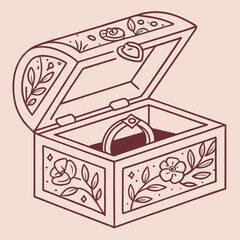 Open jewelry box with ring inside, decorated with floral patterns and diamonds