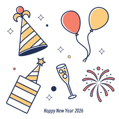 Minimalist Flat Icon Set for Happy New Year 2026 Celebration