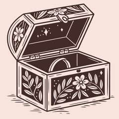 Open jewelry box with ring inside, decorated with floral and star patterns