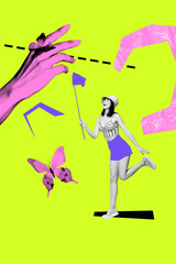 Trend artwork banner sketch 3D photo collage of psychedelicyoung lady stand hold net catch hand hold butterfly summer resort relax holiday