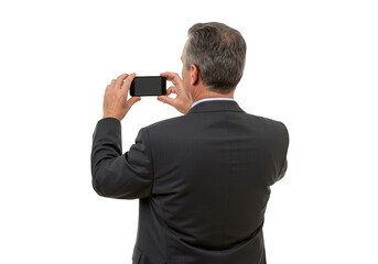 Man in suit taking photo with smartphone isolated on transparent background