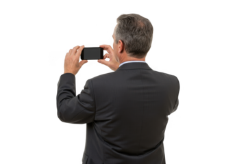 Man in suit taking photo with smartphone isolated on transparent background