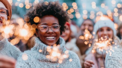 Group of friends celebrating with sparklers in a festive winter setting