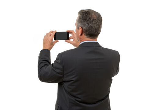 Man in suit taking photo with smartphone isolated on transparent background