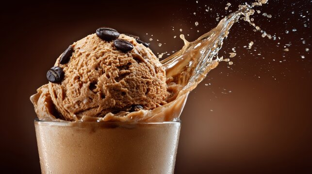 Coffee-infused ice cream splashing in glass with coffee beans on top