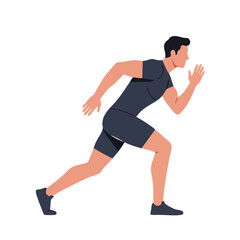 A determined male athlete in dark sportswear is captured mid-stride, showcasing his powerful sprint start against a clean white background.