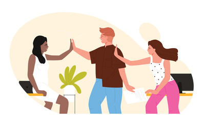 Happy male friends give high five together vector illustration. Cartoon team of young people with joy showing positive gesture of trust and support, friendship and meeting
