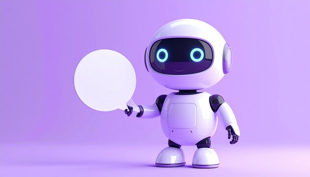 Smiling chibi robot on pastel lavender background, round body design, holding blank circular white speech bubble, cute cartoon 3D rendering chatbot