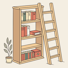 Illustration of a bookshelf with books, a ladder, and a potted plant © Khadija