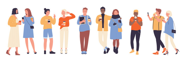 People drink takeaway coffee set vector illustration. Cartoon isolated happy male and female characters standing and walking with cups, adults meeting for coffee break and conversation outdoor
