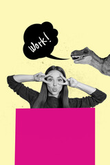 Image banner vertical art collage of puzzled businesswoman stand bubble work tension boss dinosaur...