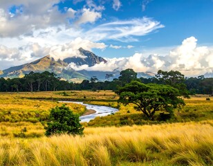 Obraz premium A picturesque vista of a meandering river flowing through a golden savanna, lush vegetation, and a majestic mountain range under a vibrant blue sky, filled with fluffy white clouds.