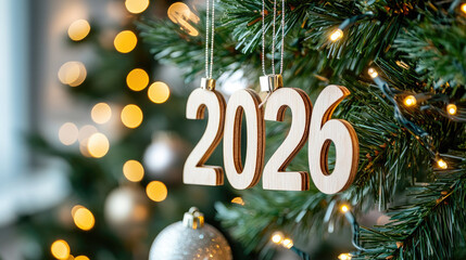Wooden numbers 2026 hanging on Christmas tree decorated with golden balls and lights, celebrating New Year and Christmas holidays in cozy home interior