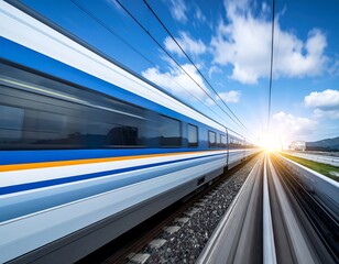 Naklejka premium High-speed train streaks across tracks under a bright sky
