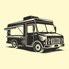 Classic Black and White Food Truck Illustration Perfect for Street Food Mobile Restaurant or Vintage Branding