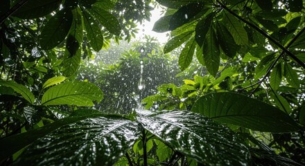 Close-up of Lush Green Leaves with Fresh Rain Droplets in a Tropical Forest After a Shower