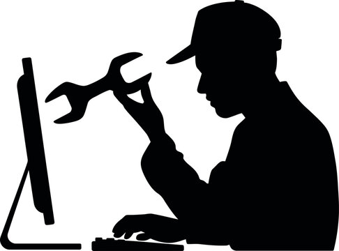 It technician fixing computer silhouette banner advertisement