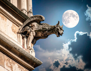 Gargoyle Statue Under Full Moon