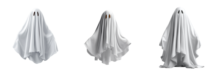 Halloween ghosts in white sheets indoor setting creative concept