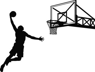 Basketball slam dunk silhouette vector — airborne player with ball, hoop, net, backboard in dynamic black sports action illustration © Sharon 