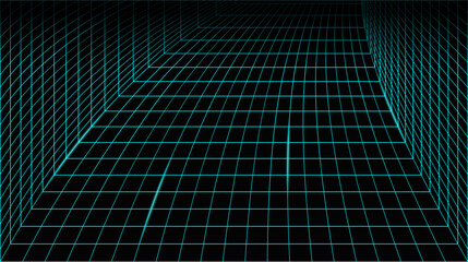 Cyberpunk Grid Room Glowing Line Background. 3D Game Neon Wireframe Space Digital Vector Texture Perspective Tunnel. Retro Futuristic Virtual Techno Landscape. Cyberspace Abstract Matrix VR Wallpaper