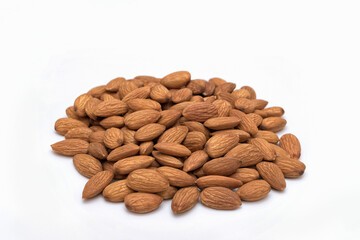 Roasted almonds isolated on white background.	
