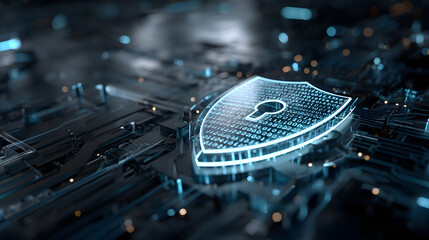 Digital shield with lock symbol on circuit board, cybersecurity and data protection