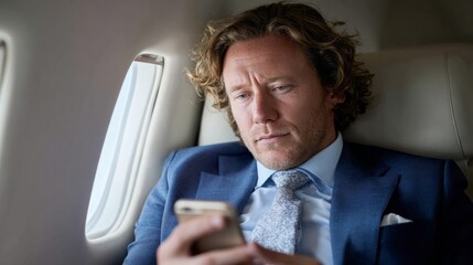 Businessman working on tablet while sitting comfortably inside private jet during a business trip