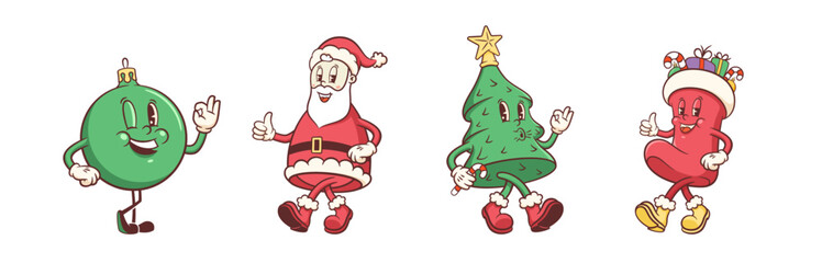 Groovy Christmas Retro Characters Set. Cartoon Santa, Tree, Sock and Ball. Vector Winter Holiday Xmas Mascot Templates. Happy Vintage Cool New Year Comic Illustrations Collection. Isolated