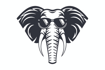 Isolated elephant head wearing sunglasses displays stylized stripes and large ears in monochrome format